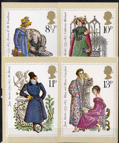 Great Britain 1975 Birth Bicentenary of Jane Austen set of 4 PHQ cards unused and pristine, stamps on women, stamps on literature