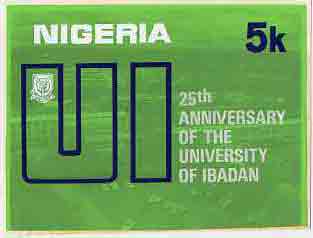 Nigeria 1973 Ibadan University - partly hand-painted artwork for 5k value (University Building Western Campus) by Olajide I Oshiga on card size 8x5.5 without endorsements, stamps on education     buildings