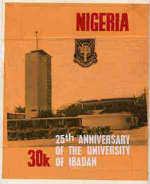 Nigeria 1973 Ibadan University - partly hand-painted artwork for 30k value (University Building Tower Court) by Olajide I Oshiga on card size 6x9 without endorsements, stamps on education     buildings