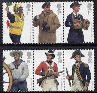 Great Britain 2009 British Navy Uniforms perf set of 6 values (2 se-tenant strips of 3) unmounted mint, stamps on , stamps on  stamps on militaria, stamps on  stamps on uniforms, stamps on  stamps on 