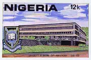 Nigeria 1973 Ibadan University - original hand-painted artwork for 12k value (University Building) by unknown artist on card size 9x6 without endorsements, stamps on , stamps on  stamps on education     buildings