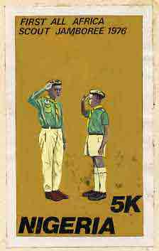 Nigeria 1977 First All Africa Scout Jamboree - original hand-painted artwork for 5k value (Scouts Saluting) by C U Okechukwu on card size 5x8.5 endorsed C, stamps on scouts