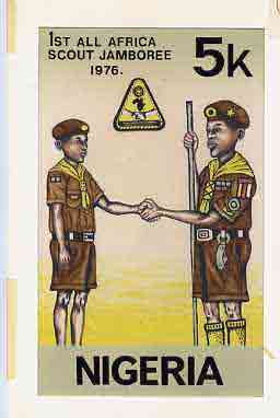 Nigeria 1977 First All Africa Scout Jamboree - original hand-painted artwork for 5k value (Scouts Saluting) by NSP&MCo Staff Artist Samuel A M Eluare on card size 5.5x9.5..., stamps on scouts