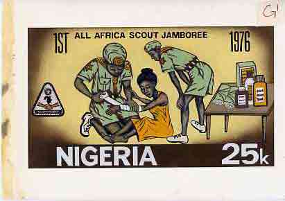 Nigeria 1977 First All Africa Scout Jamboree - original hand-painted artwork for 25k value (Scouts Administering First Aid) by NSP&MCo Staff Artist Samuel A M Eluare on c..., stamps on scouts     medical