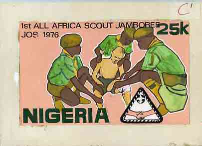 Nigeria 1977 First All Africa Scout Jamboree - original hand-painted artwork for 25k value (Scouts Administering First Aid) possibly by C U Okechukwu on card size 9.5x6 endorsed 'C1', stamps on , stamps on  stamps on scouts     medical
