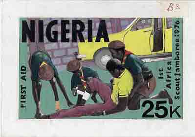 Nigeria 1977 First All Africa Scout Jamboree - original hand-painted artwork for 25k value (Scouts Administering First Aid) by Sylva O Okereke on card size 9x6 endorsed B..., stamps on scouts    medical