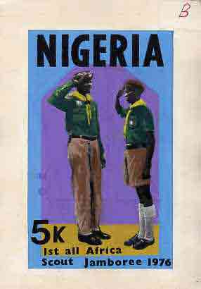 Nigeria 1977 First All Africa Scout Jamboree - original hand-painted artwork for 5k value (Scouts Saluting) by Sylva O Okereke on card size 5.5x9.5 endorsed 'B', stamps on , stamps on  stamps on scouts    