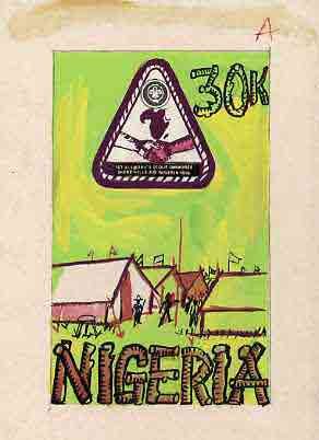 Nigeria 1977 First All Africa Scout Jamboree - original hand-painted artwork for 30k value (Jamboree Emblem) by unknown artist on card size 5.5x9 endorsed A, stamps on scouts