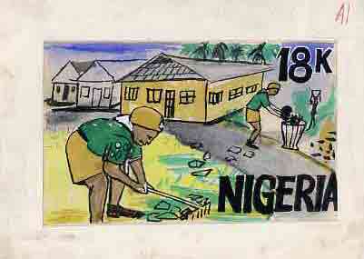 Nigeria 1977 First All Africa Scout Jamboree - original hand-painted artwork for 18k value (Community Development) by unknown artist on card size 9x5.5 endorsed A1, stamps on scouts