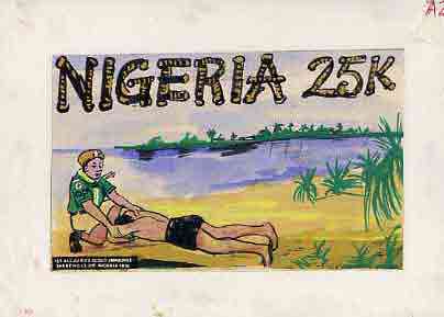 Nigeria 1977 First All Africa Scout Jamboree - original hand-painted artwork for 18k value (Reviving a Drowning Person) by unknown artist on board size 9x5.5 endorsed 'A2', stamps on , stamps on  stamps on scouts         medical
