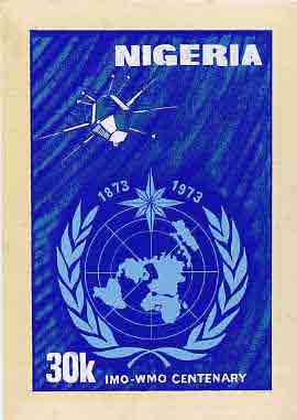Nigeria 1973 IMO & WMO Centenary - original hand-painted artwork for 30k value (Satellite) by Olajide I Oshiga on card size 6x9 without endorsement, stamps on weather     satellite