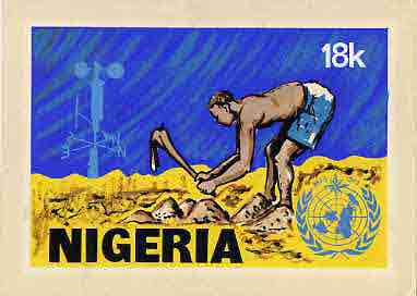 Nigeria 1973 IMO & WMO Centenary - original hand-painted artwork for 18k value (Worker & Weather Vane) by Olajide I Oshiga on card size 9x6 without endorsement, stamps on weather, stamps on 