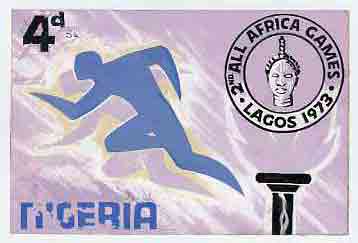 Nigeria 1973 Second All Africa Games - original hand-painted artwork for 4d value showing Athlete as issued stamp (produced prior to the currency change) by unknown artist on card size 9.5x6.5, stamps on , stamps on  stamps on running      sport