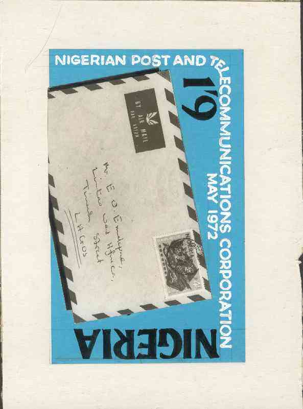 Nigeria 1972 Posts & Telecommunications Corporation - original hand-painted composite artwork for 1s9d value (showing airmail letter) by unknown artist on board 8 x 5, wi..., stamps on stamp on stamp, stamps on postal, stamps on stamponstamp