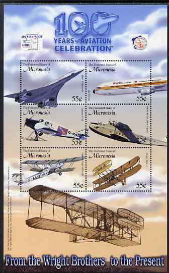 Micronesia 2003 Centenary of Powered Flight perf sheetlet containing 6 values (with APS Stamp Show imprint) unmounted mint, SG MS 1226a, stamps on , stamps on  stamps on aviation, stamps on  stamps on concorde, stamps on  stamps on flying boats, stamps on  stamps on stamp exhibitions