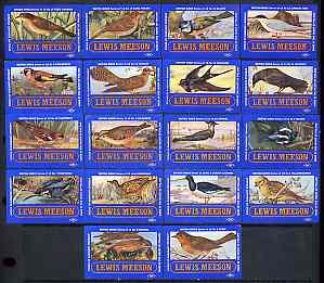 Match Box Labels - complete set of 18 British Birds, superb unused condition (Lewis Meeson), stamps on , stamps on  stamps on birds    thrush    warbler    cuckoo    swallow    goldcrest    robin    tern    kestrel    birds of prey    yellow hammer   oyster catcher    corn crake    magpie    kingfisher    gold finch    blue tit   lapwing    jackdaw    chaffinch