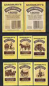 Match Box Labels - complete set of 6 + 2 Transport, superb unused condition (Sainsbury's includes 2 packet labels), stamps on bicycles     lorries    transport     trucks