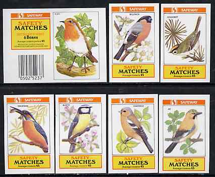 Match Box Labels - complete set of 6 + 1 British Birds, superb unused condition (Safeway includes packet label), stamps on birds     robin    bullfinch    jay    kingfisher     chaffinch    blue tit
