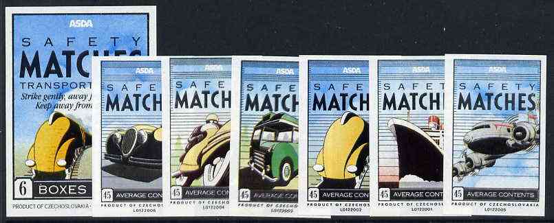 Match Box Labels - complete set of 6 + 1 Transport, superb unused condition (Asda includes packet label), stamps on , stamps on  stamps on transport    railways    aviation    buses     motorbikes     cars    ships