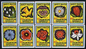 Match Box Labels - complete set of 10 Flowers, superb unused condition (Pellens of Belgian), stamps on flowers, stamps on daffodils, stamps on tulip, stamps on orchids, stamps on roses, stamps on violas