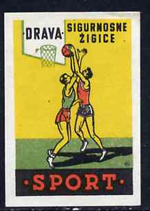Match Box Label - Basketball superb unused condition from Yugoslavian Sports & Pastimes Drava series, stamps on , stamps on  stamps on basketball