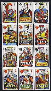 Match Box Labels - complete set of 12 Playing Cards (J, Q & K x 4 suits all smoking), superb unused condition (Belgian)