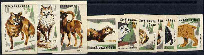 Match Box Labels - the set of 9 Animals from Animals & Birds set, superb unused condition (Czechoslovakian Ziva Krasa CSSR series), stamps on animals    badger       rabbits     fox       dogs, stamps on  fox , stamps on foxes, stamps on 