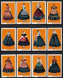 Match Box Labels - complete set of 12 Portuguese Costumes (set 6 - orange background) superb unused condition (Portuguese), stamps on costumes