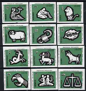 Match Box Labels - complete set of 12 Signs of the Zodiac (set 2 - green background) superb unused condition (Portuguese), stamps on space, stamps on astrology, stamps on zodiac, stamps on astronomy, stamps on zodiacs