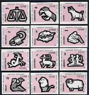 Match Box Labels - complete set of 12 Signs of the Zodiac (set 4 - pink background) superb unused condition (Portuguese), stamps on , stamps on  stamps on space, stamps on astrology, stamps on zodiac, stamps on astronomy, stamps on  stamps on zodiacs