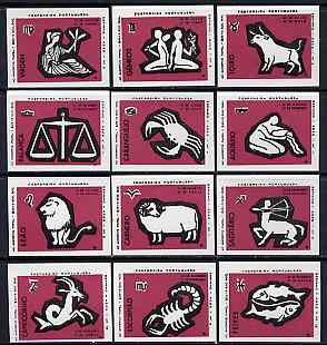 Match Box Labels - complete set of 12 Signs of the Zodiac (set 5 - magenta background) superb unused condition (Portuguese), stamps on space, stamps on astrology, stamps on zodiac, stamps on astronomy, stamps on zodiacs