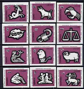 Match Box Labels - complete set of 12 Signs of the Zodiac (set 7 - purple background) superb unused condition (Portuguese), stamps on , stamps on  stamps on space, stamps on astrology, stamps on zodiac, stamps on astronomy, stamps on  stamps on zodiacs