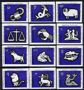 Match Box Labels - complete set of 12 Signs of the Zodiac (set 8 - dark blue background) superb unused condition (Portuguese), stamps on , stamps on  stamps on space, stamps on astrology, stamps on zodiac, stamps on astronomy, stamps on  stamps on zodiacs