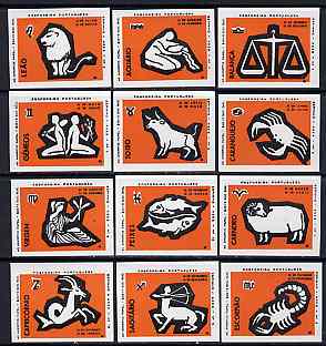 Match Box Labels - complete set of 12 Signs of the Zodiac (set 9 - orange background) superb unused condition (Portuguese), stamps on , stamps on  stamps on space, stamps on astrology, stamps on zodiac, stamps on astronomy, stamps on  stamps on zodiacs