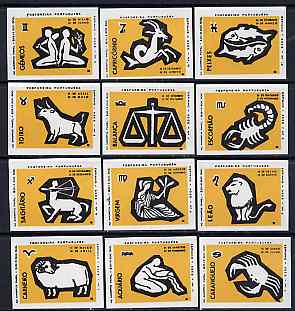 Match Box Labels - complete set of 12 Signs of the Zodiac (set 10 - yellow background) superb unused condition (Portuguese), stamps on , stamps on  stamps on space, stamps on astrology, stamps on zodiac, stamps on astronomy, stamps on  stamps on zodiacs
