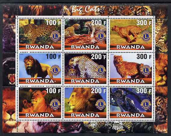 Rwanda 2000 Big Cats perf sheetlet containing complete set of 9 values each with Lions Int Logo unmounted mint, stamps on , stamps on  stamps on animals, stamps on  stamps on cats, stamps on  stamps on lions, stamps on  stamps on lions int