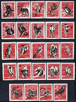 Match Box Labels - complete set of 24 Wildlife (Birds, Animals & Marine Life - set 5 - red background) fine unused condition (Portuguese), stamps on birds   animals   marine-life