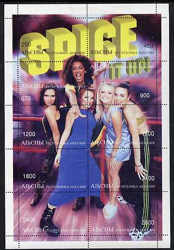 Abkhazia 1997 Spice Girls perf sheetlet containing complete set of 10 values, stamps on music, stamps on entertainments, stamps on women, stamps on pops, stamps on spice