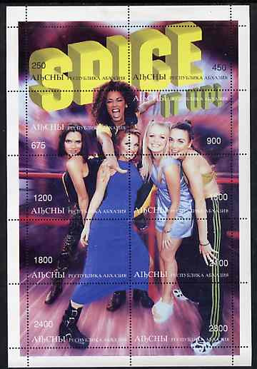 Abkhazia 1997 Spice Girls perf sheetlet containing complete set of 10 values, stamps on , stamps on  stamps on music, stamps on entertainments, stamps on women, stamps on pops, stamps on spice