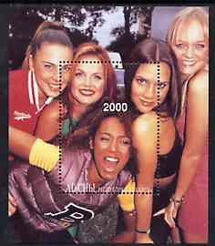 Abkhazia 1997 Spice Girls perf souvenir sheet (2000 value), stamps on music, stamps on entertainments, stamps on women, stamps on pops, stamps on spice