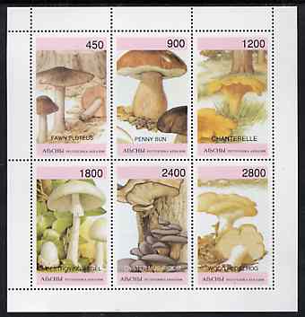 Abkhazia 1997 Mushrooms perf sheetlet containing complete set of 6 values unmounted mint, stamps on , stamps on  stamps on fungi