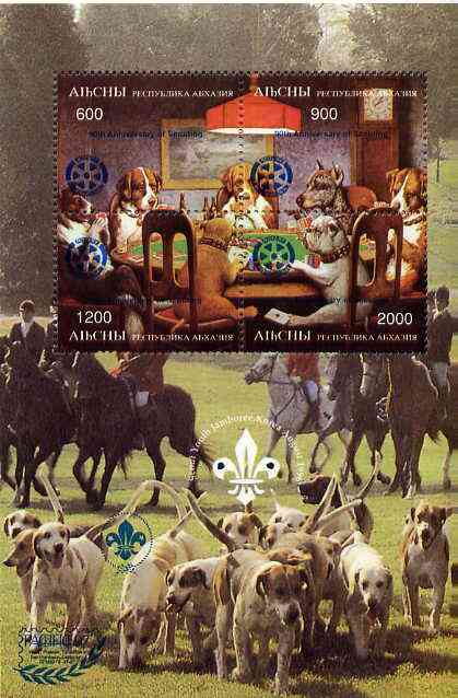 Abkhazia 1997 Aces High (Dog characters playing cards) perf sheetlet containing complete set of 4 values opt'd for 'Pacific 97' with Rotary & Scout overprints in blue unmounted mint, stamps on dogs, stamps on playing cards, stamps on stamp exhibitions, stamps on rotary, stamps on scouts, stamps on hunting, stamps on horses, stamps on clock, stamps on knots