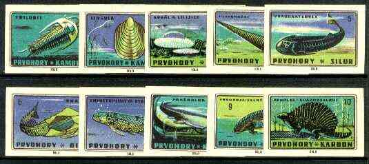 Match Box Labels - 10 Prehistoric Animals (part 1 of 4 nos 1-10), superb unused condition (Czechoslovakian Solo Match Co), stamps on dinosaurs, stamps on shells, stamps on marine-life, stamps on fish