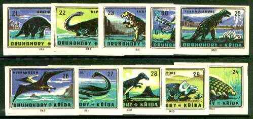 Match Box Labels - 10 Prehistoric Animals (part 3 of 4 nos 21-30), superb unused condition (Czechoslovakian Solo Match Co), stamps on dinosaurs