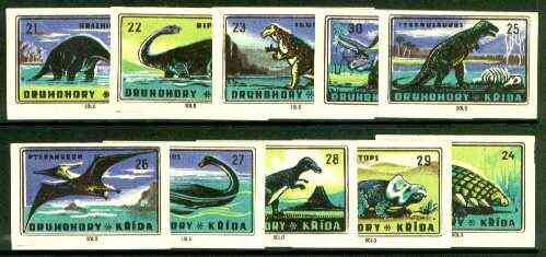 Match Box Labels - 10 Prehistoric Animals (part 3 of 4 nos 21-30), superb unused condition (Czechoslovakian Solo Match Co), stamps on , stamps on  stamps on dinosaurs