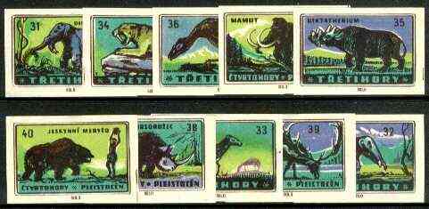 Match Box Labels - 10 Prehistoric Animals (part 4 of 4 nos 31-40), superb unused condition (Czechoslovakian Solo Match Co), stamps on dinosaurs, stamps on saber tooth, stamps on dental