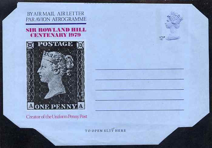 Aerogramme - Great Britain 1979 Death Centenary of Sir Rowland Hill 12p air letter form showing 1d black, unused folded along fold lines, stamps on , stamps on  stamps on rowland hill, stamps on  stamps on postal, stamps on  stamps on death, stamps on  stamps on stamponstamp