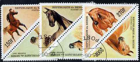 Benin 1997 Horses Triangular complete set of 6 values cto used, SG 1624-29, stamps on horses, stamps on triangulars