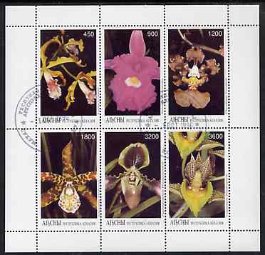 Abkhazia 1996 Orchids perf sheetlet containing complete set of 6 values cto used, stamps on , stamps on  stamps on orchids, stamps on  stamps on flowers