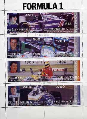 Touva 1996 Formula 1 Racing Cars perf sheetlet containing complete set of 8 values cto used (Hill, Schumacher, Mansell & Coulthard), stamps on , stamps on  stamps on racing cars, stamps on  stamps on motor sport, stamps on  stamps on  f1 , stamps on  stamps on tobacco, stamps on  stamps on  oil , stamps on  stamps on cars, stamps on  stamps on scots, stamps on  stamps on scotland